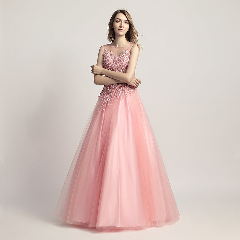 Elegant Pink Tulle Prom Dress with Delicate Embroidered Bodice - Sleeveless & Flowing Gown ,LX425