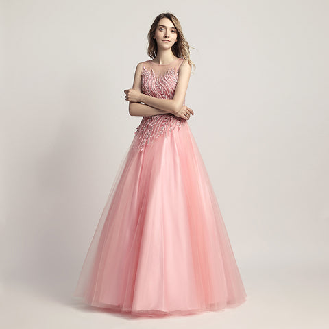 Elegant Pink Tulle Prom Dress with Delicate Embroidered Bodice - Sleeveless & Flowing Gown ,LX425