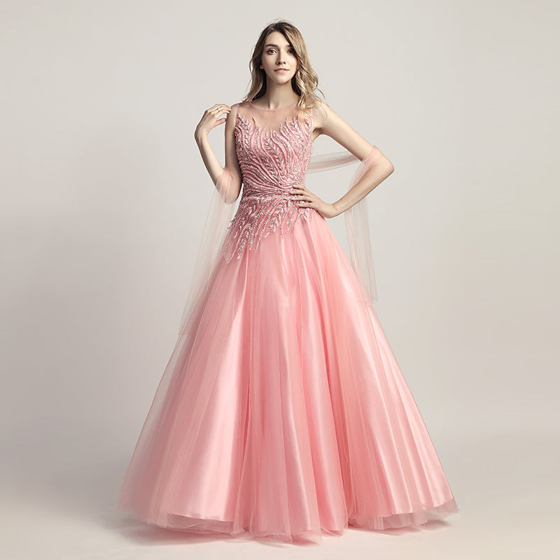 Elegant Pink Tulle Prom Dress with Delicate Embroidered Bodice - Sleeveless & Flowing Gown ,LX425