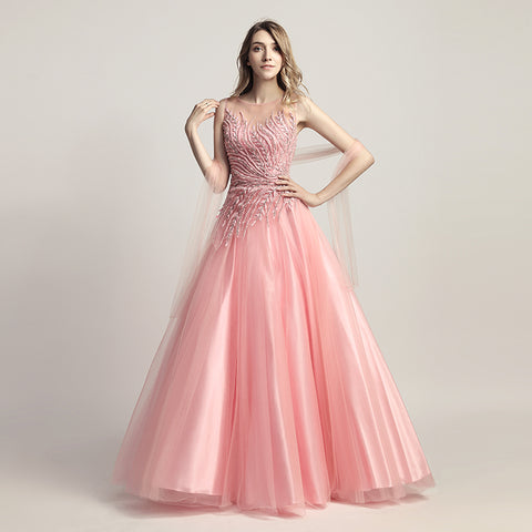 Elegant Pink Tulle Prom Dress with Delicate Embroidered Bodice - Sleeveless & Flowing Gown ,LX425