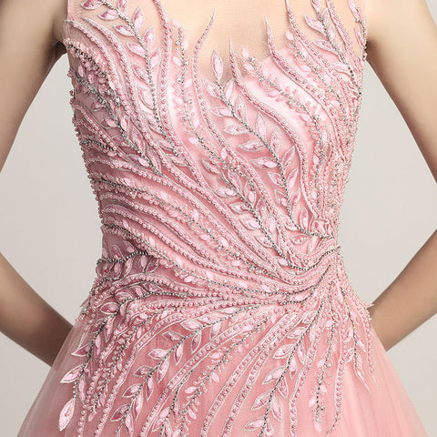 Elegant Pink Tulle Prom Dress with Delicate Embroidered Bodice - Sleeveless & Flowing Gown ,LX425