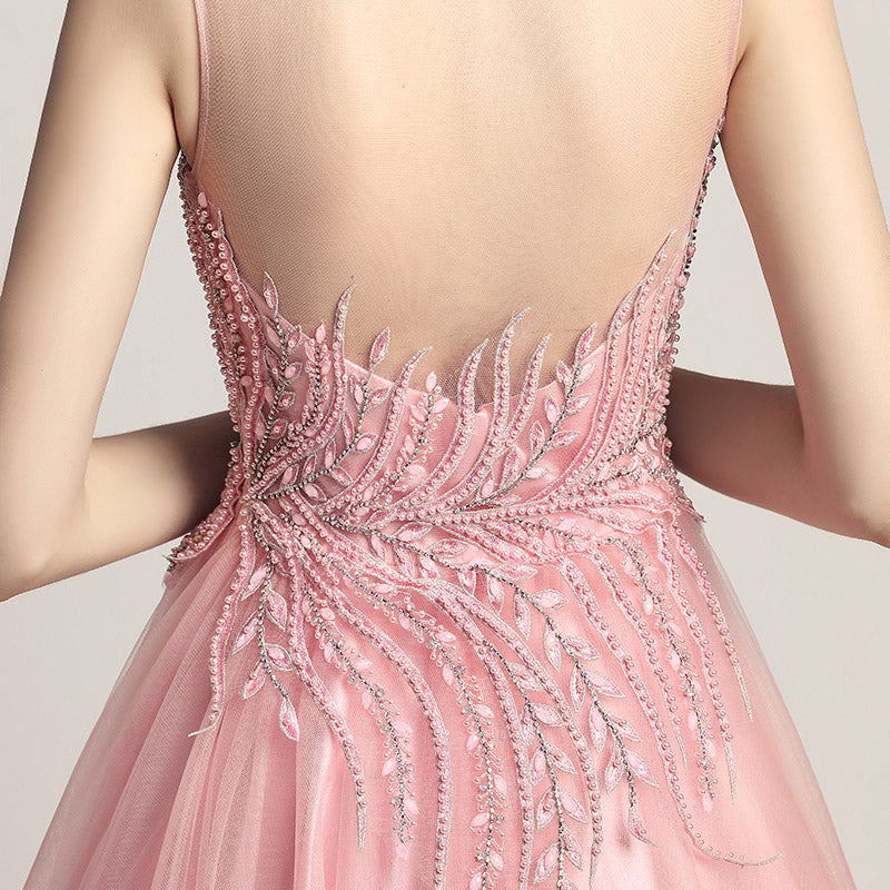 Elegant Pink Tulle Prom Dress with Delicate Embroidered Bodice - Sleeveless & Flowing Gown ,LX425