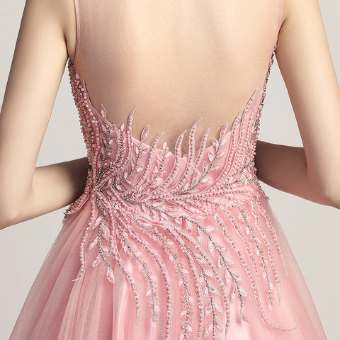 Elegant Pink Tulle Prom Dress with Delicate Embroidered Bodice - Sleeveless & Flowing Gown ,LX425