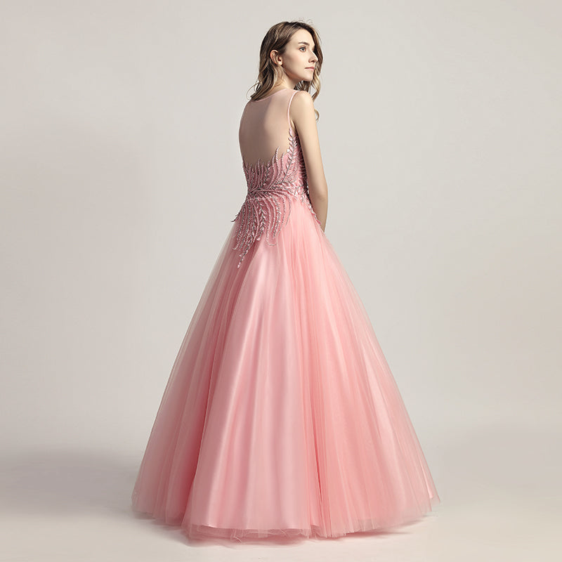 Elegant Pink Tulle Prom Dress with Delicate Embroidered Bodice - Sleeveless & Flowing Gown ,LX425