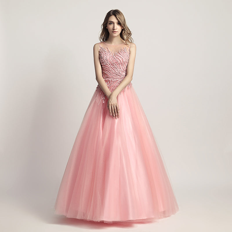Elegant Pink Tulle Prom Dress with Delicate Embroidered Bodice - Sleeveless & Flowing Gown ,LX425