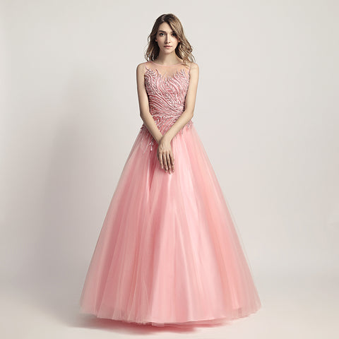 Elegant Pink Tulle Prom Dress with Delicate Embroidered Bodice - Sleeveless & Flowing Gown ,LX425