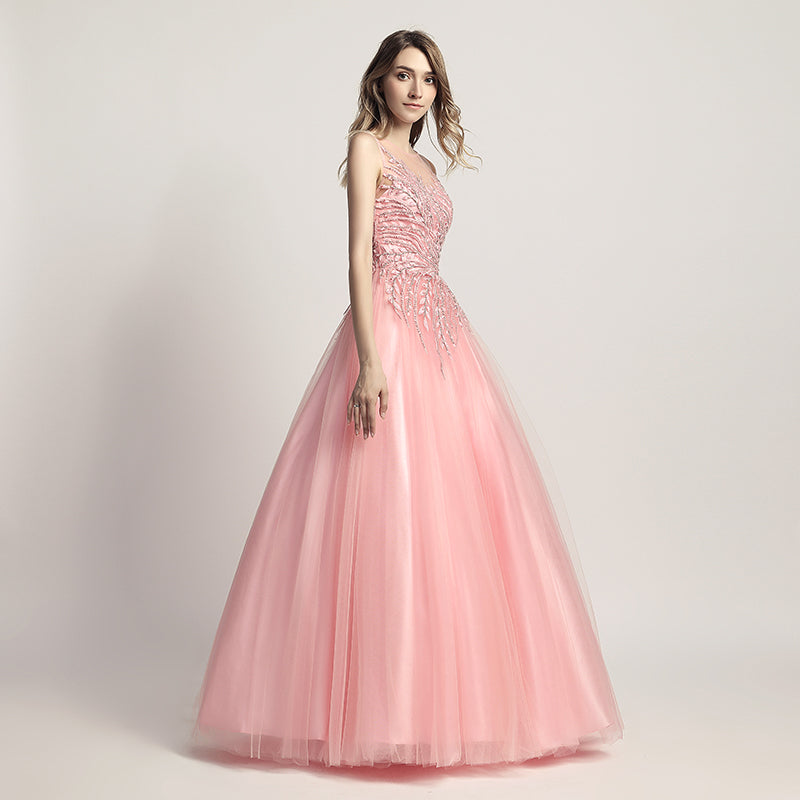 Elegant Pink Tulle Prom Dress with Delicate Embroidered Bodice - Sleeveless & Flowing Gown ,LX425