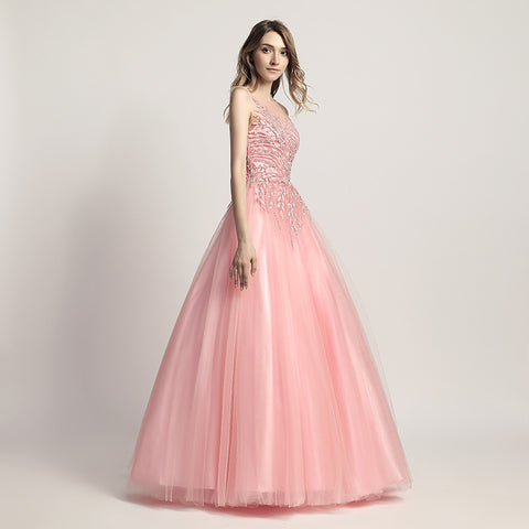 Elegant Pink Tulle Prom Dress with Delicate Embroidered Bodice - Sleeveless & Flowing Gown ,LX425