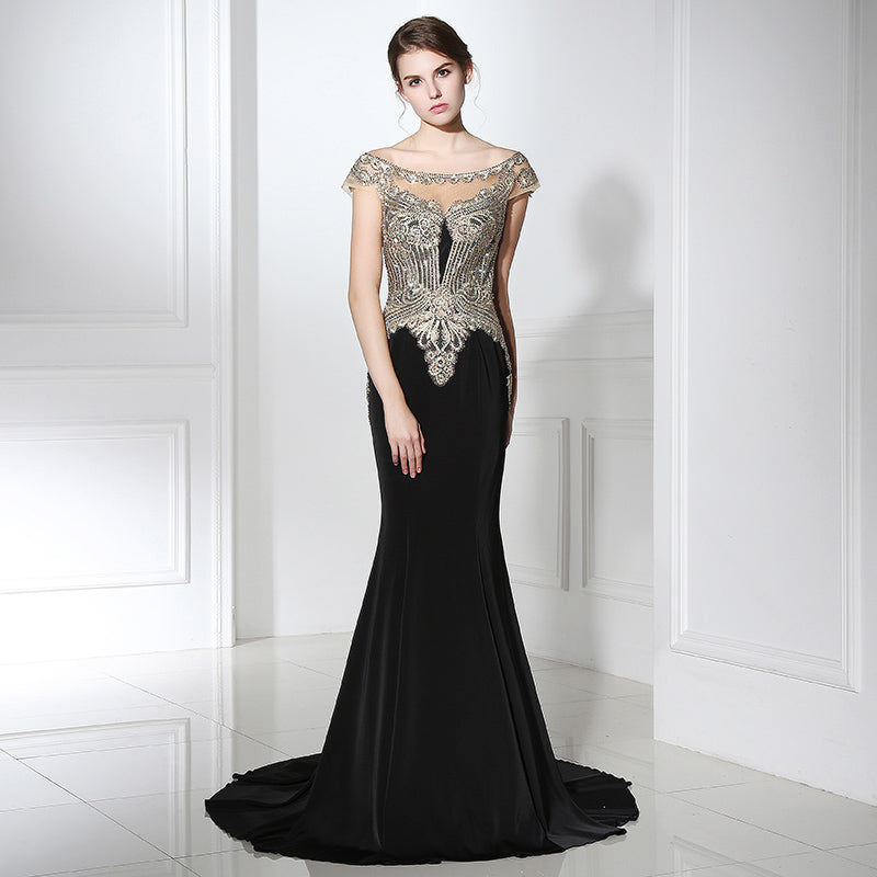 Elegant Off - Shoulder Black Mermaid Gown with Gold Embroidered Bodice Prom Dress,LX401