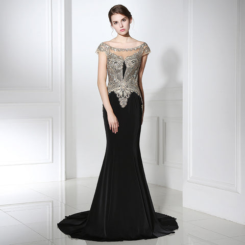 Elegant Off - Shoulder Black Mermaid Gown with Gold Embroidered Bodice Prom Dress,LX401