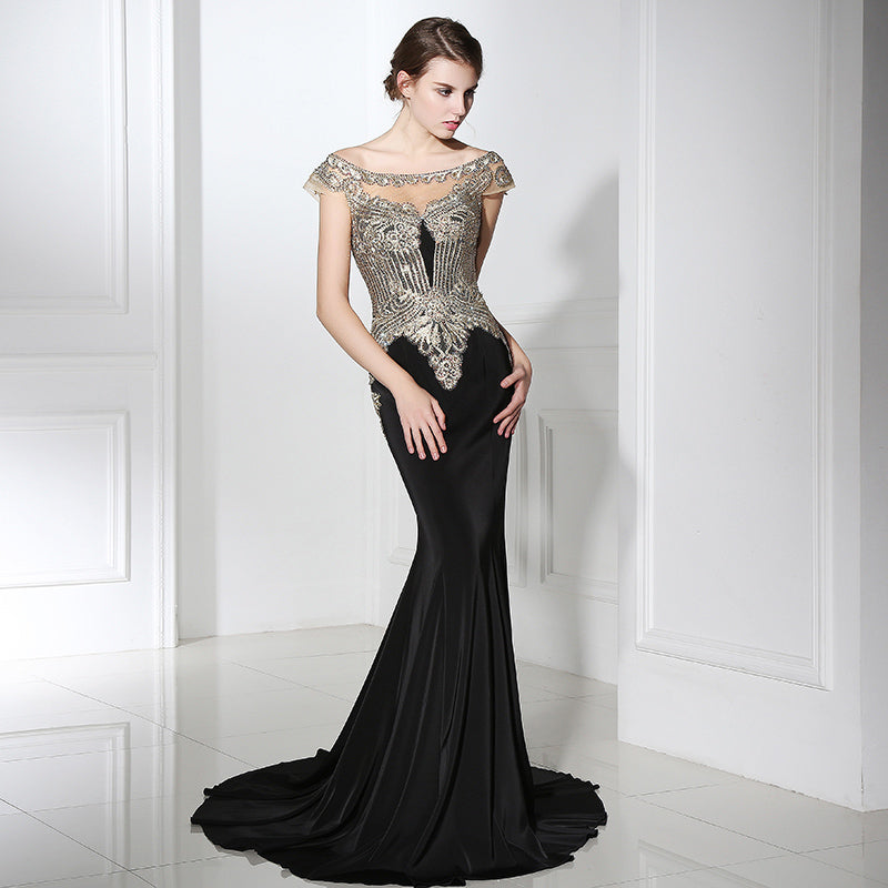Elegant Off - Shoulder Black Mermaid Gown with Gold Embroidered Bodice Prom Dress,LX401