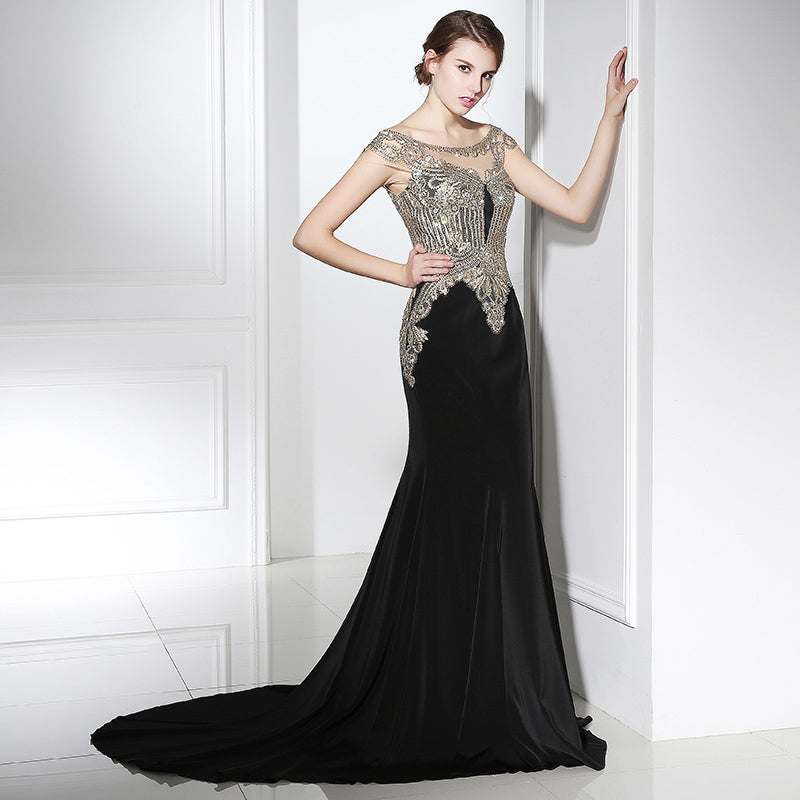 Elegant Off - Shoulder Black Mermaid Gown with Gold Embroidered Bodice Prom Dress,LX401
