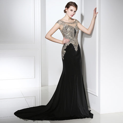 Elegant Off - Shoulder Black Mermaid Gown with Gold Embroidered Bodice Prom Dress,LX401