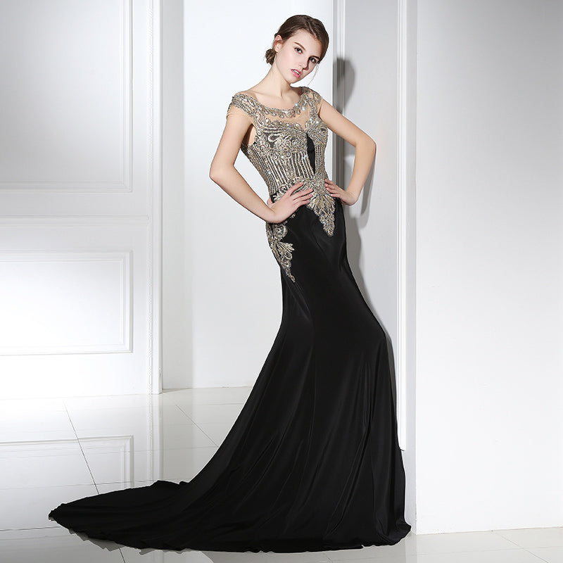 Elegant Off - Shoulder Black Mermaid Gown with Gold Embroidered Bodice Prom Dress,LX401