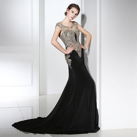 Elegant Off - Shoulder Black Mermaid Gown with Gold Embroidered Bodice Prom Dress,LX401