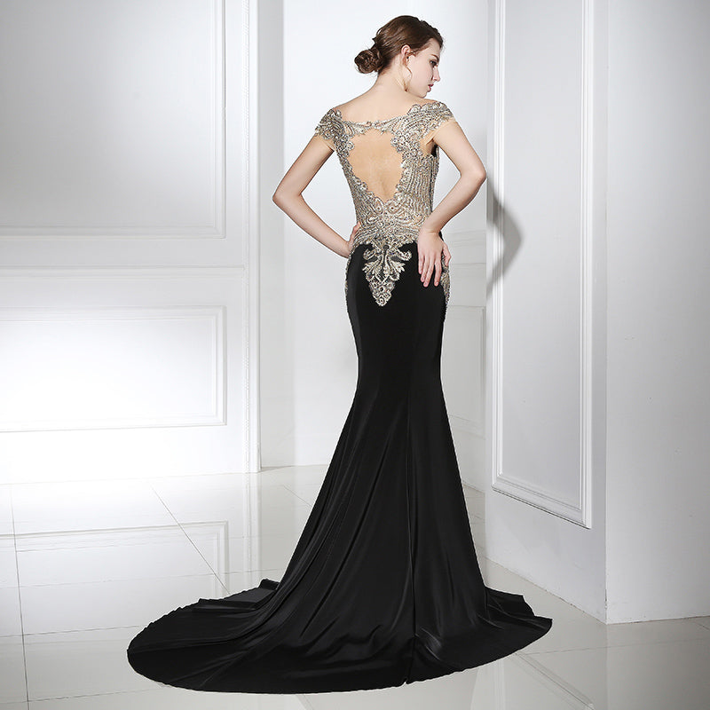 Elegant Off - Shoulder Black Mermaid Gown with Gold Embroidered Bodice Prom Dress,LX401