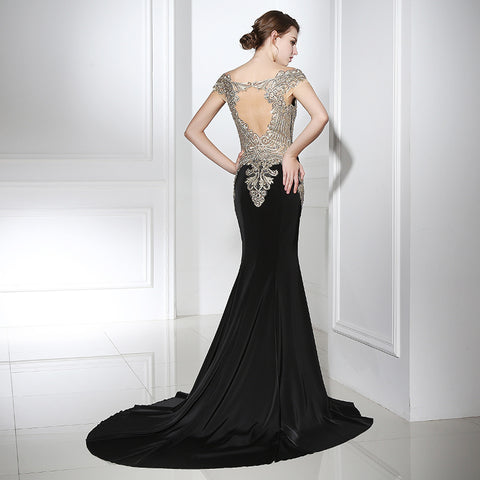 Elegant Off - Shoulder Black Mermaid Gown with Gold Embroidered Bodice Prom Dress,LX401