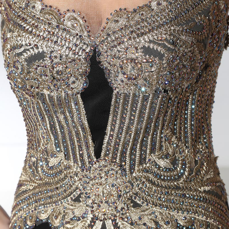 Elegant Off - Shoulder Black Mermaid Gown with Gold Embroidered Bodice Prom Dress,LX401