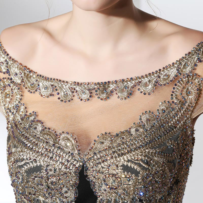 Elegant Off - Shoulder Black Mermaid Gown with Gold Embroidered Bodice Prom Dress,LX401