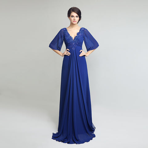 Elegant V - Neck Royal Blue Gown with 3/4 Sleeves and Embroidered Bodice Prom Dress,LX260