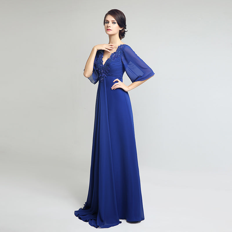 Elegant V - Neck Royal Blue Gown with 3/4 Sleeves and Embroidered Bodice Prom Dress,LX260