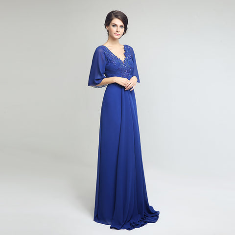 Elegant V - Neck Royal Blue Gown with 3/4 Sleeves and Embroidered Bodice Prom Dress,LX260