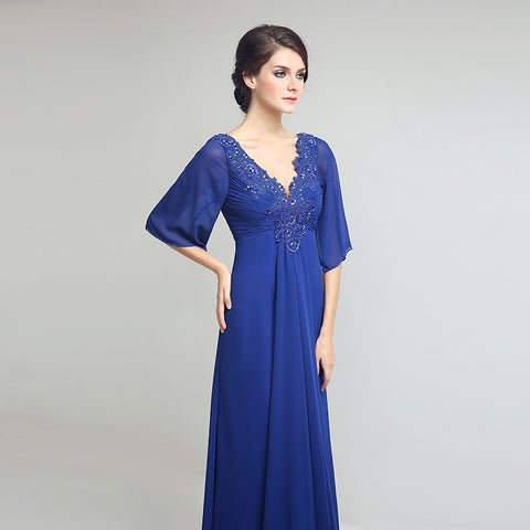 Elegant V - Neck Royal Blue Gown with 3/4 Sleeves and Embroidered Bodice Prom Dress,LX260