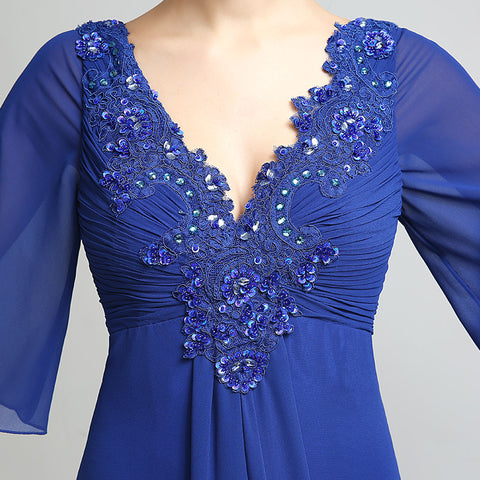 Elegant V - Neck Royal Blue Gown with 3/4 Sleeves and Embroidered Bodice Prom Dress,LX260