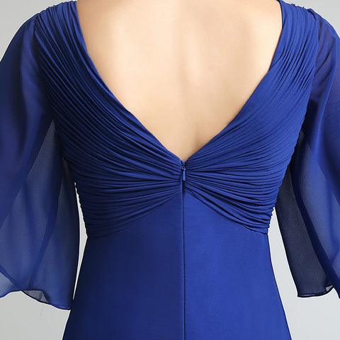 Elegant V - Neck Royal Blue Gown with 3/4 Sleeves and Embroidered Bodice Prom Dress,LX260