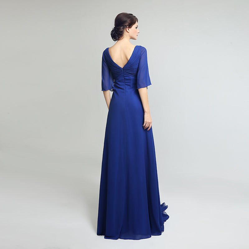 Elegant V - Neck Royal Blue Gown with 3/4 Sleeves and Embroidered Bodice Prom Dress,LX260
