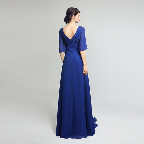 Elegant V - Neck Royal Blue Gown with 3/4 Sleeves and Embroidered Bodice Prom Dress,LX260