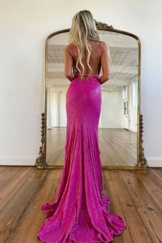 Sparkly V Neck Sequins Long Mermaid Prom Dress with Slit