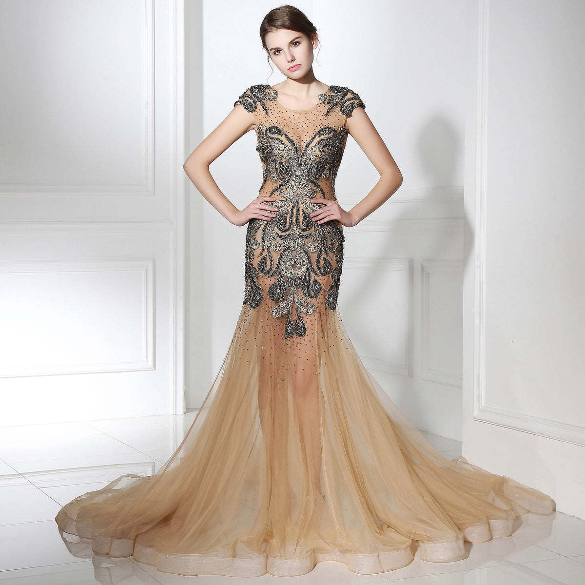Glamorous Sheer - Bodice Mermaid Gown with Black Embellishments and Nude Tulle Prom Dress,LX403