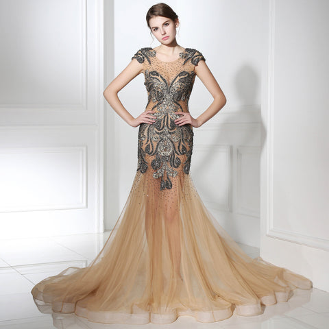 Glamorous Sheer - Bodice Mermaid Gown with Black Embellishments and Nude Tulle Prom Dress,LX403