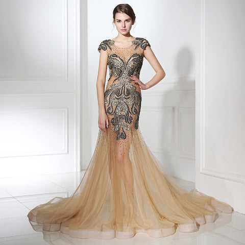 Glamorous Sheer - Bodice Mermaid Gown with Black Embellishments and Nude Tulle Prom Dress,LX403