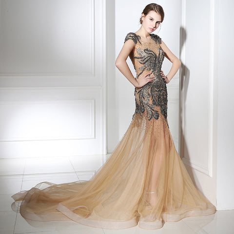 Glamorous Sheer - Bodice Mermaid Gown with Black Embellishments and Nude Tulle Prom Dress,LX403