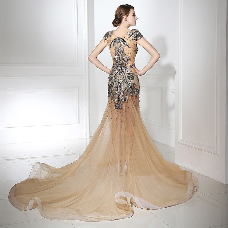 Glamorous Sheer - Bodice Mermaid Gown with Black Embellishments and Nude Tulle Prom Dress,LX403