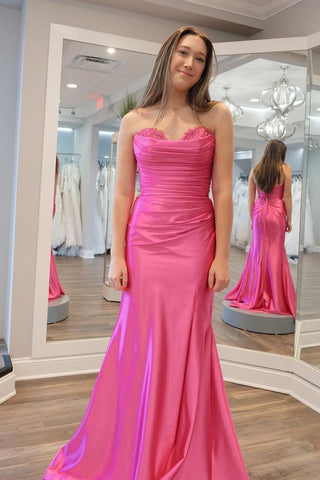 Sweetheart Pink Satin Mermaid Long Prom Dresses