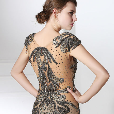 Glamorous Sheer - Bodice Mermaid Gown with Black Embellishments and Nude Tulle Prom Dress,LX403