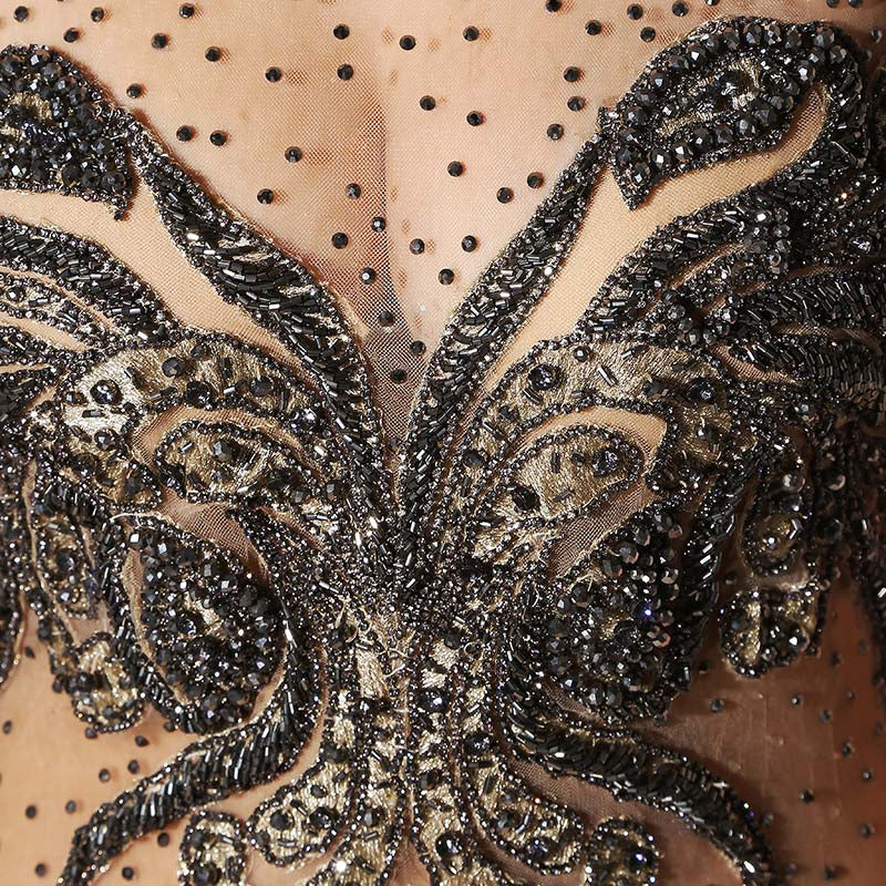 Glamorous Sheer - Bodice Mermaid Gown with Black Embellishments and Nude Tulle Prom Dress,LX403