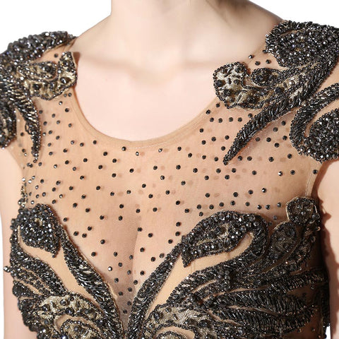 Glamorous Sheer - Bodice Mermaid Gown with Black Embellishments and Nude Tulle Prom Dress,LX403