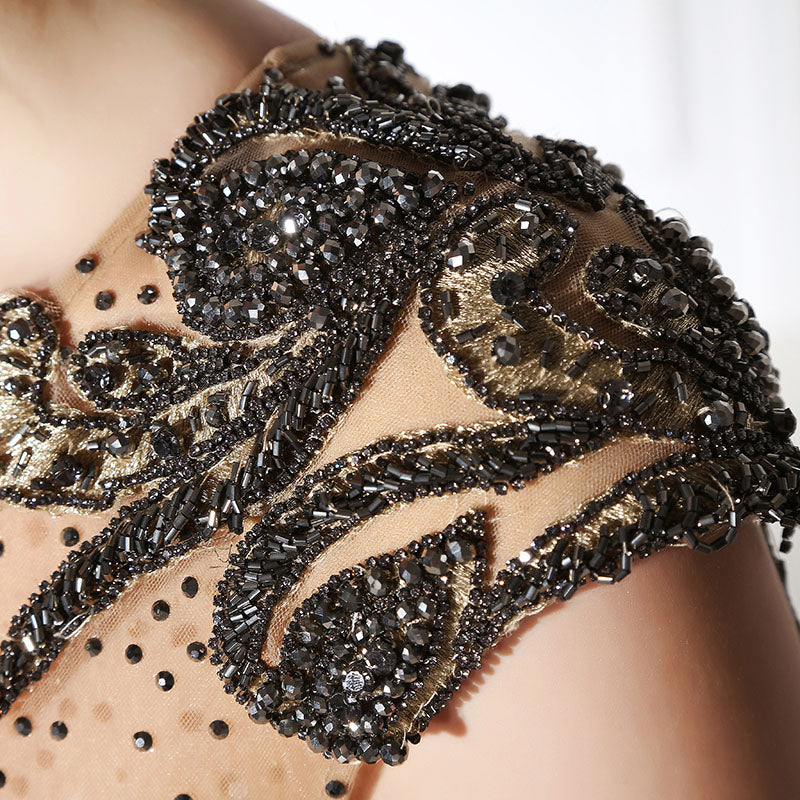 Glamorous Sheer - Bodice Mermaid Gown with Black Embellishments and Nude Tulle Prom Dress,LX403