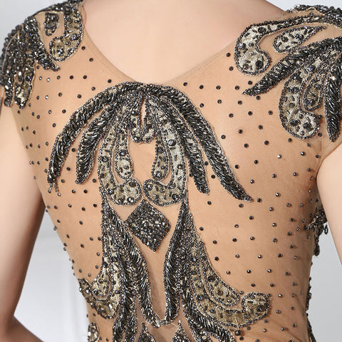 Glamorous Sheer - Bodice Mermaid Gown with Black Embellishments and Nude Tulle Prom Dress,LX403