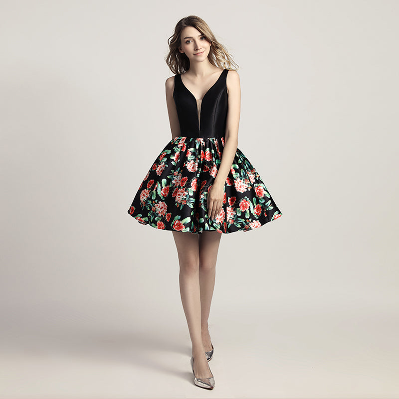 Stylish Black Sleeveless V - neck Dress with Floral Print Prom Dress, LX434