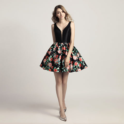 Stylish Black Sleeveless V - neck Dress with Floral Print Prom Dress, LX434