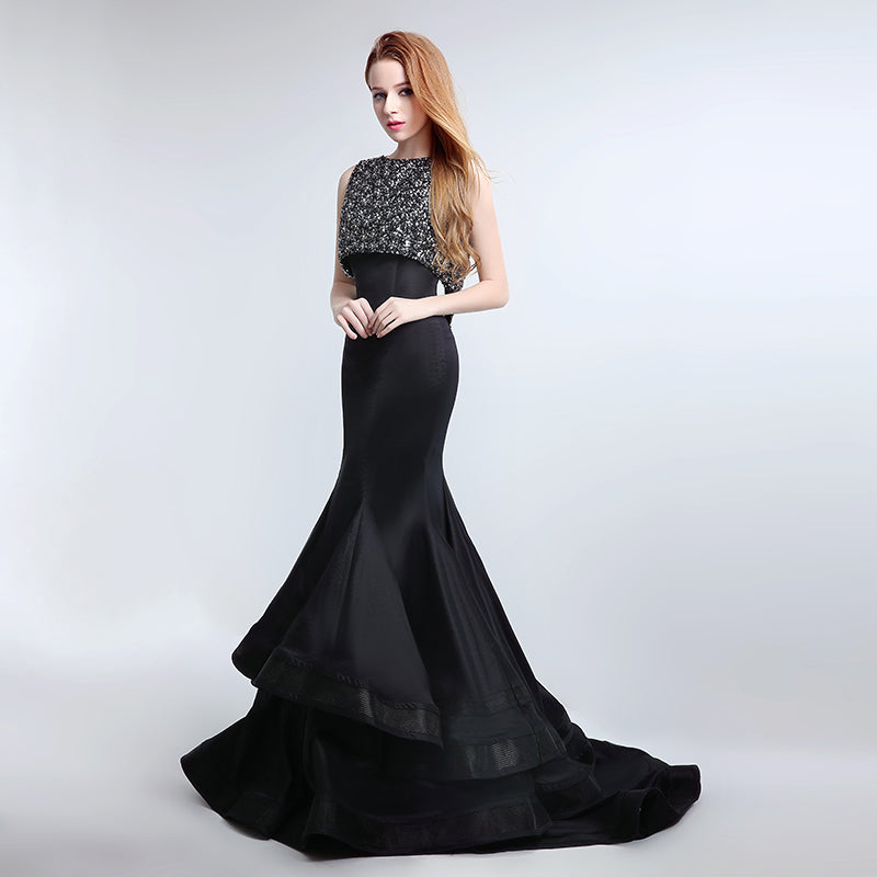 Glamorous Sleeveless Black Mermaid Gown with Sparkling Embellished Bodice Prom Dress,LX168