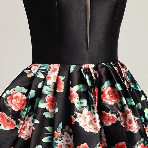 Stylish Black Sleeveless V - neck Dress with Floral Print Prom Dress, LX434