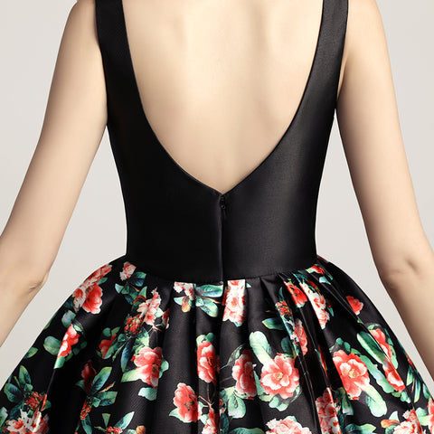 Stylish Black Sleeveless V - neck Dress with Floral Print Prom Dress, LX434