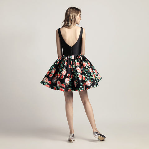 Stylish Black Sleeveless V - neck Dress with Floral Print Prom Dress, LX434