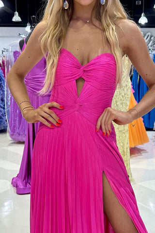 Strapless A-Line Fuchsia Keyhole Long Prom Dresses with Slit